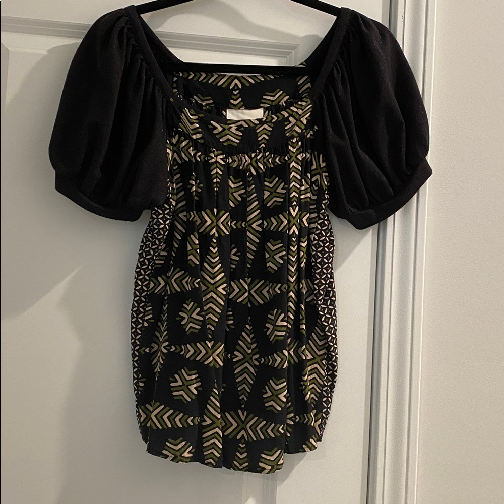 Maeve Navy Top with Green and Cream Patterns